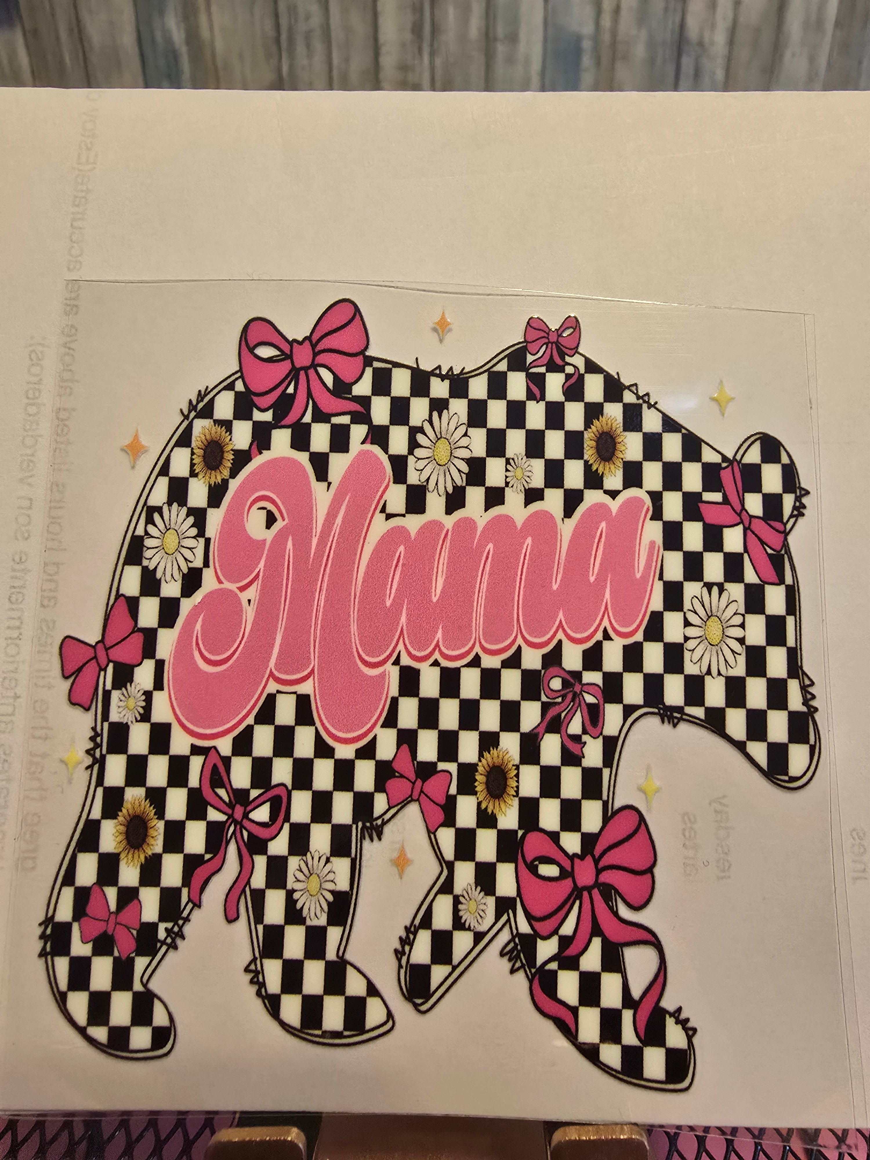 Pink checkered mama bear decal